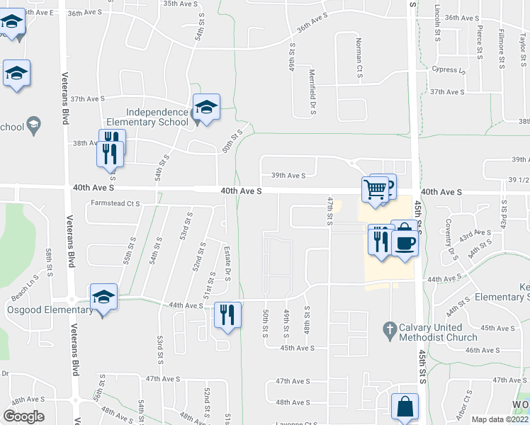 map of restaurants, bars, coffee shops, grocery stores, and more near 5050 40th Avenue South in Fargo