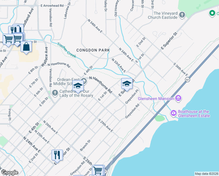 map of restaurants, bars, coffee shops, grocery stores, and more near 3131 East 1st Street in Duluth