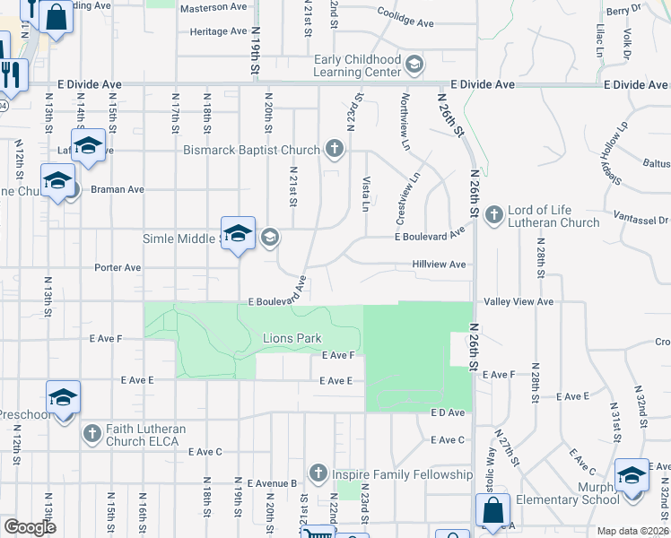 map of restaurants, bars, coffee shops, grocery stores, and more near 2326 Hillview Ave in Bismarck