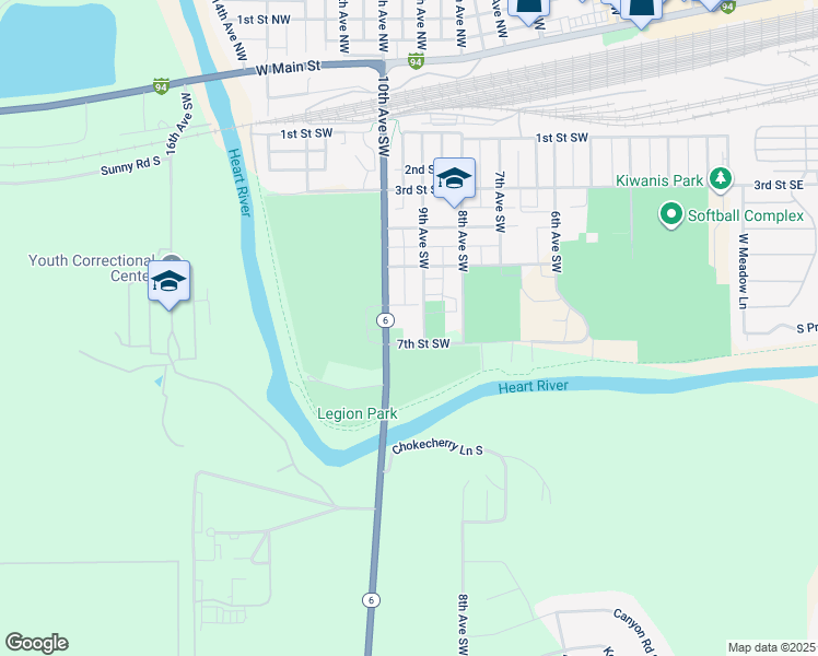 map of restaurants, bars, coffee shops, grocery stores, and more near 701 9th Avenue Southwest in Mandan
