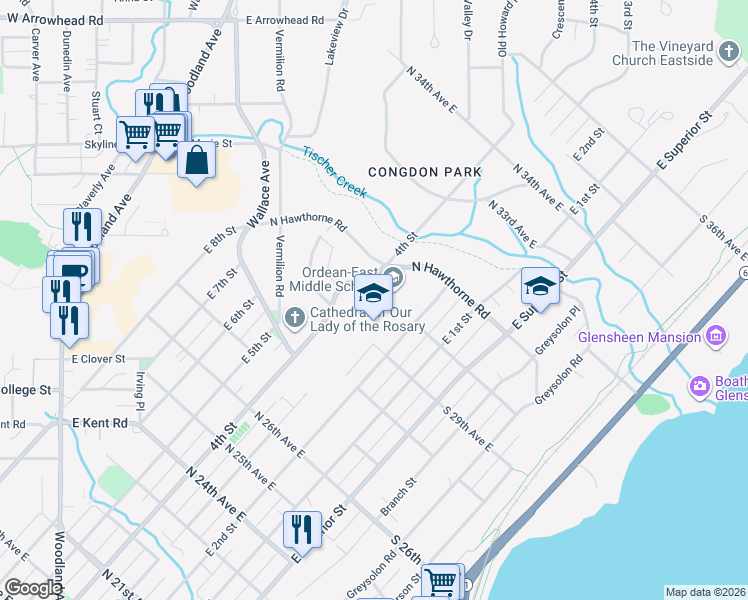 map of restaurants, bars, coffee shops, grocery stores, and more near 2900 East 4th Street in Duluth