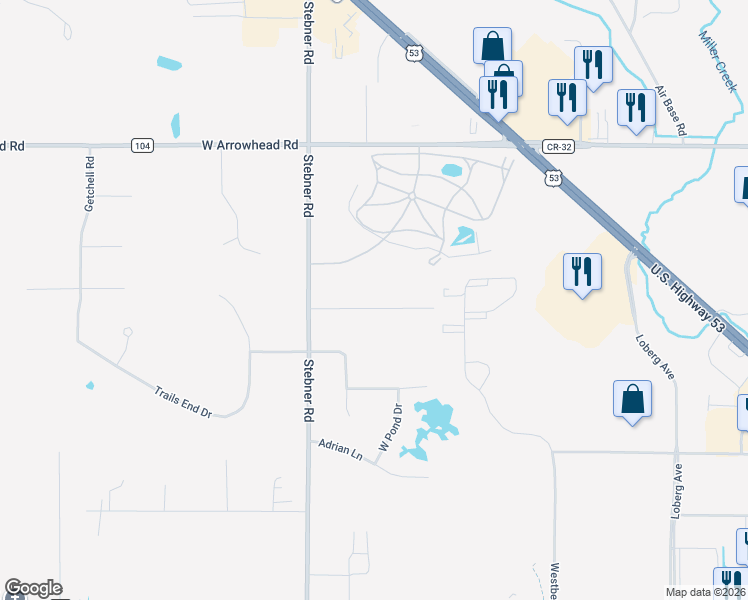 map of restaurants, bars, coffee shops, grocery stores, and more near 4875 Woodridge Drive in Hermantown