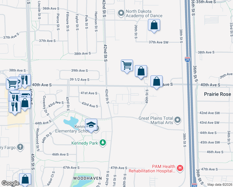 map of restaurants, bars, coffee shops, grocery stores, and more near 2006 40th Avenue South in Fargo