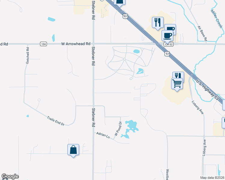map of restaurants, bars, coffee shops, grocery stores, and more near 4875 Woodridge Drive in Hermantown