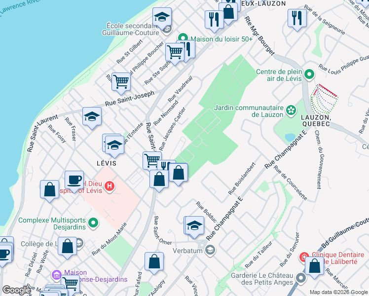 map of restaurants, bars, coffee shops, grocery stores, and more near 153 Rue du Mont-Marie in Lévis