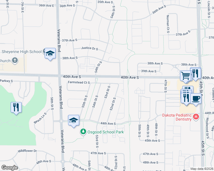 map of restaurants, bars, coffee shops, grocery stores, and more near 5383 Farmstead Court South in Fargo