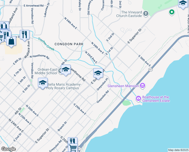 map of restaurants, bars, coffee shops, grocery stores, and more near 3209 East Superior Street in Duluth