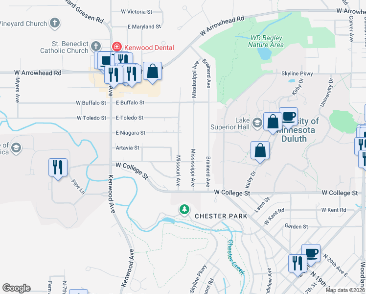 map of restaurants, bars, coffee shops, grocery stores, and more near 1144 Missouri Avenue in Duluth