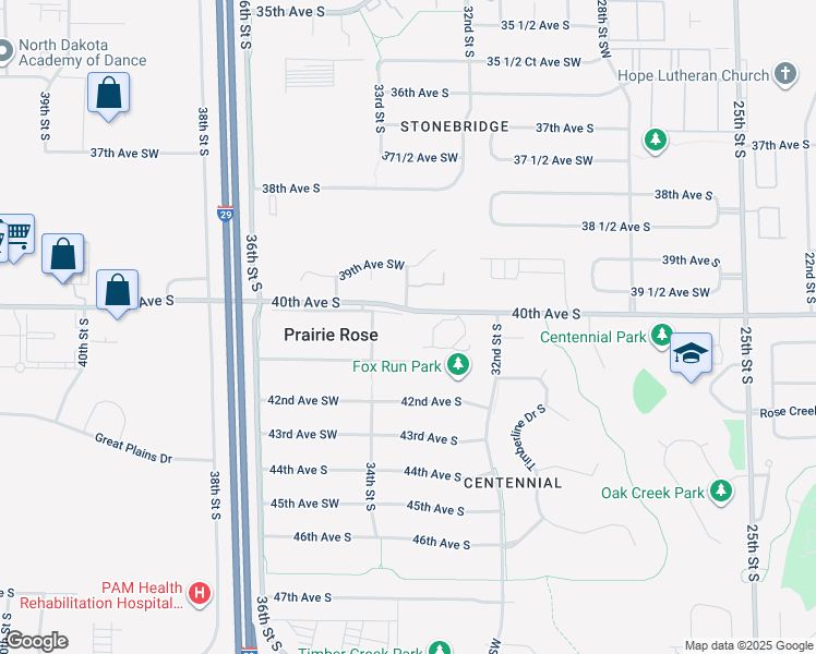 map of restaurants, bars, coffee shops, grocery stores, and more near 3282 40th Avenue South in Prairie Rose