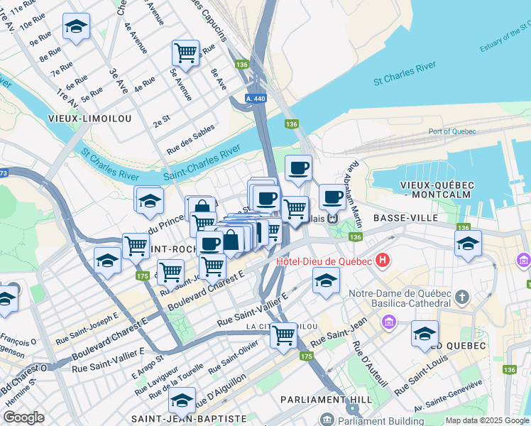 map of restaurants, bars, coffee shops, grocery stores, and more near 330 Rue Saint-Roch in Québec