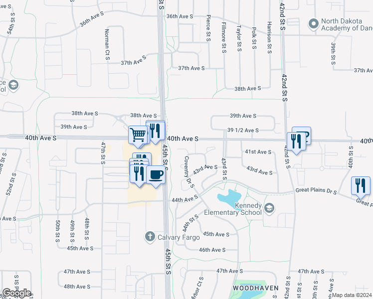 map of restaurants, bars, coffee shops, grocery stores, and more near 4273 Coventry Drive South in Fargo