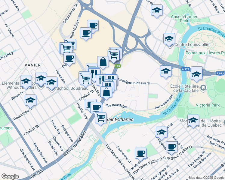 map of restaurants, bars, coffee shops, grocery stores, and more near 565 Boulevard Wilfrid-Hamel in Québec