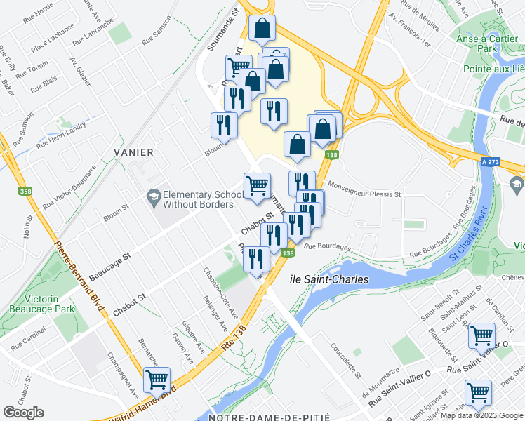 map of restaurants, bars, coffee shops, grocery stores, and more near 245 Rue Soumande in Ville de Québec