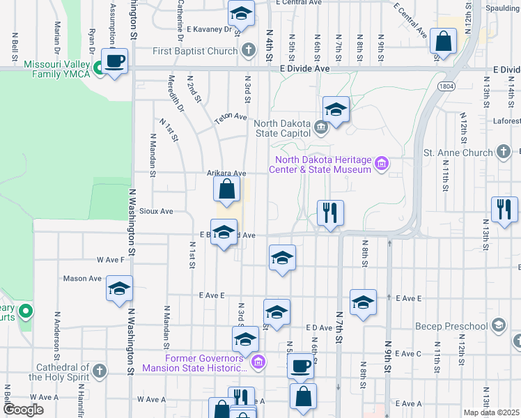 map of restaurants, bars, coffee shops, grocery stores, and more near 1136 North 4th Street in Bismarck