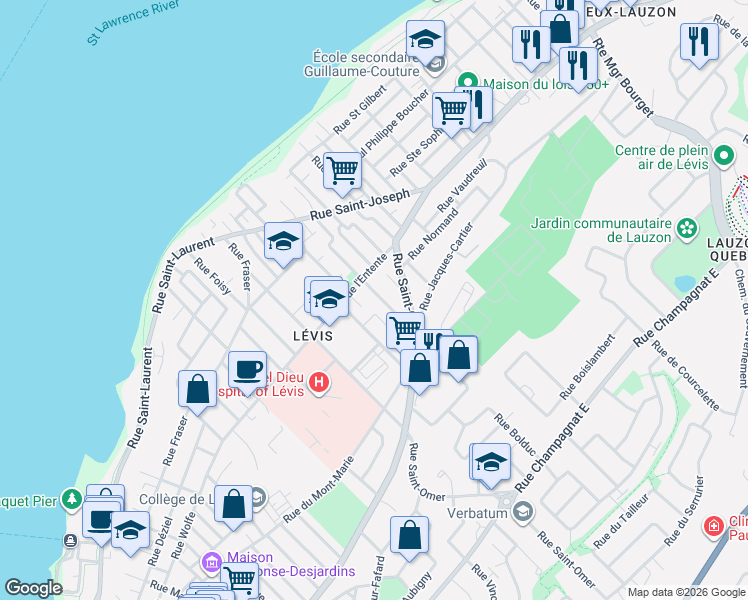 map of restaurants, bars, coffee shops, grocery stores, and more near 61 Rue Barras in Lévis