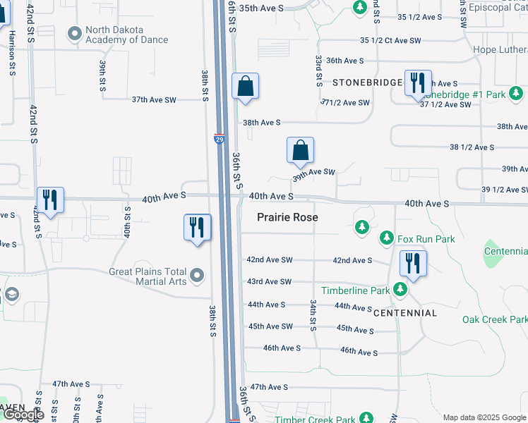 map of restaurants, bars, coffee shops, grocery stores, and more near 3508 40th Ave S in Prairie Rose