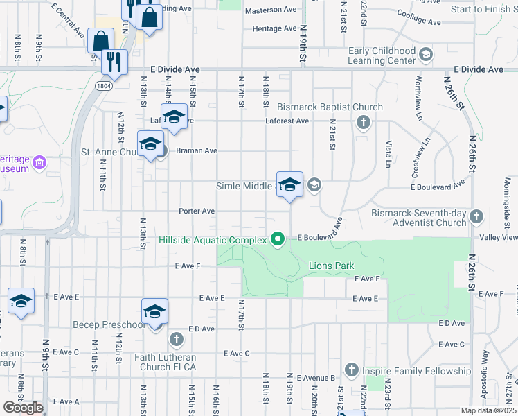 map of restaurants, bars, coffee shops, grocery stores, and more near 1716 Porter Avenue in Bismarck