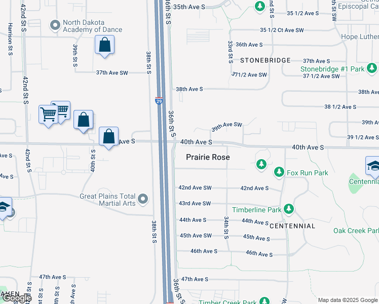 map of restaurants, bars, coffee shops, grocery stores, and more near 3508 40th Avenue South in Prairie Rose