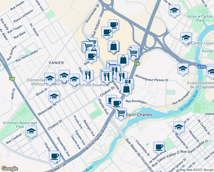 map of restaurants, bars, coffee shops, grocery stores, and more near 245 Rue Soumande in Ville de Québec