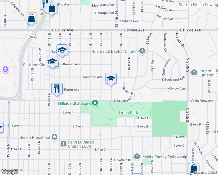 map of restaurants, bars, coffee shops, grocery stores, and more near 1204 North 19th Street in Bismarck