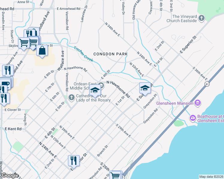 map of restaurants, bars, coffee shops, grocery stores, and more near 3025 East 2nd Street in Duluth