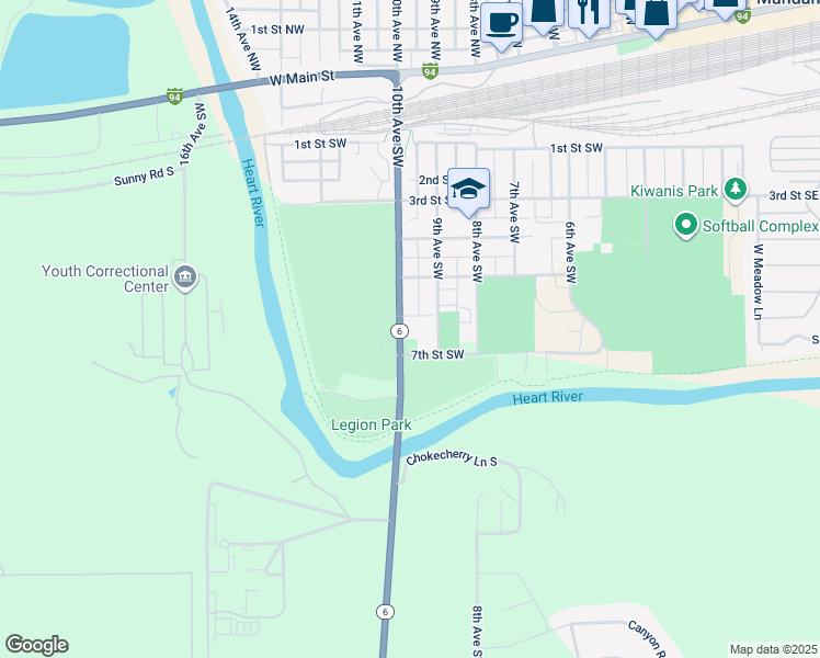 map of restaurants, bars, coffee shops, grocery stores, and more near 1101-1199 6th Street Southwest in Mandan