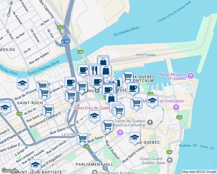 map of restaurants, bars, coffee shops, grocery stores, and more near in Québec