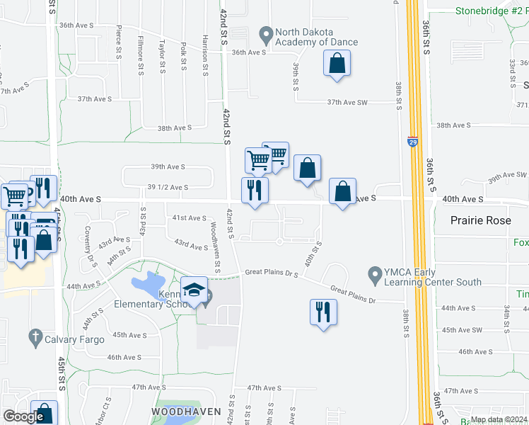 map of restaurants, bars, coffee shops, grocery stores, and more near 2006 40th Avenue South in Fargo