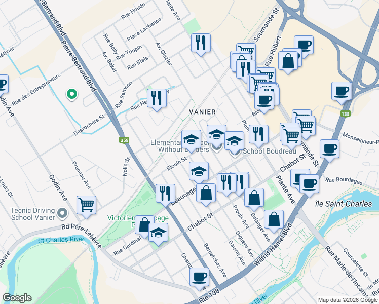 map of restaurants, bars, coffee shops, grocery stores, and more near 210 Rue Blouin in Québec