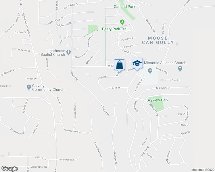 map of restaurants, bars, coffee shops, grocery stores, and more near 2410 57th Street in Missoula