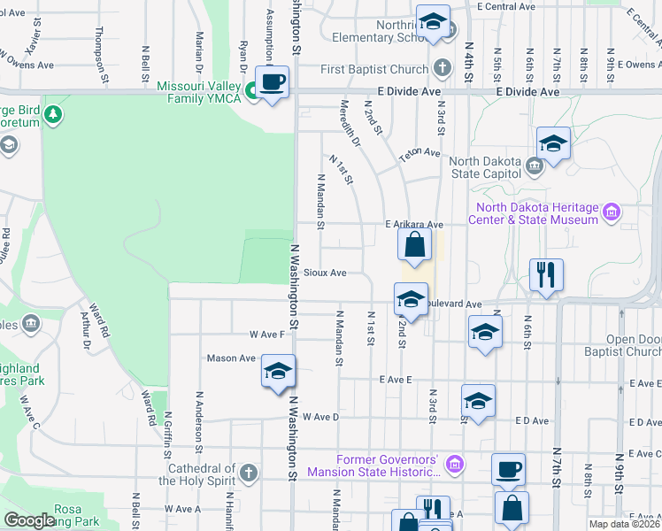 map of restaurants, bars, coffee shops, grocery stores, and more near 114 Sioux Avenue in Bismarck