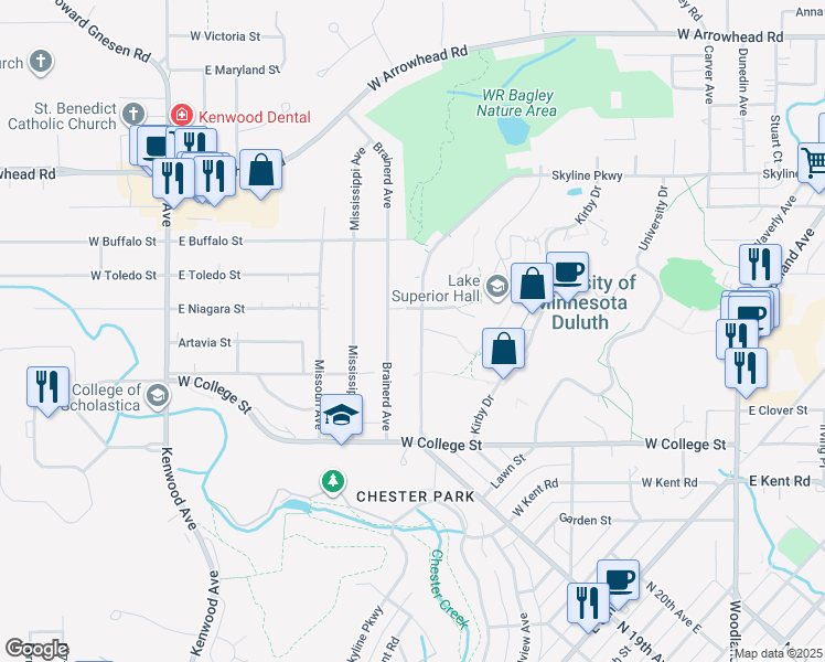map of restaurants, bars, coffee shops, grocery stores, and more near 1141 Junction Avenue in Duluth