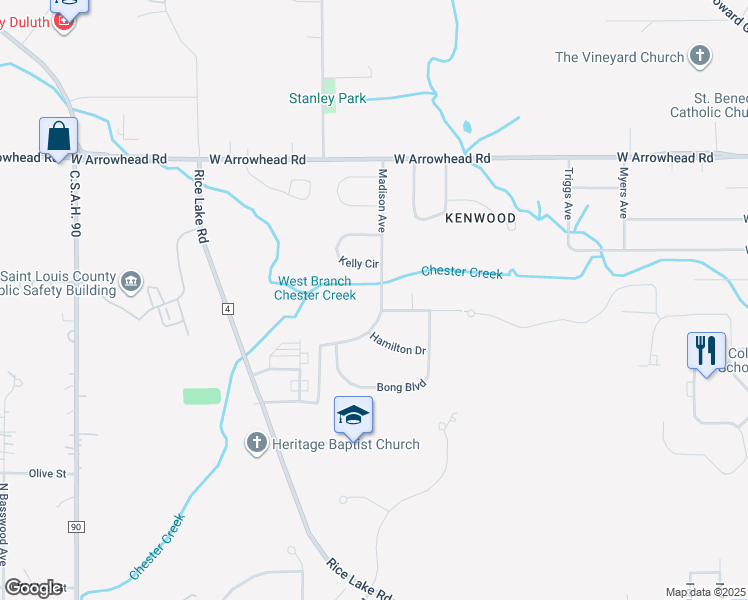 map of restaurants, bars, coffee shops, grocery stores, and more near 505 Madison Avenue in Duluth