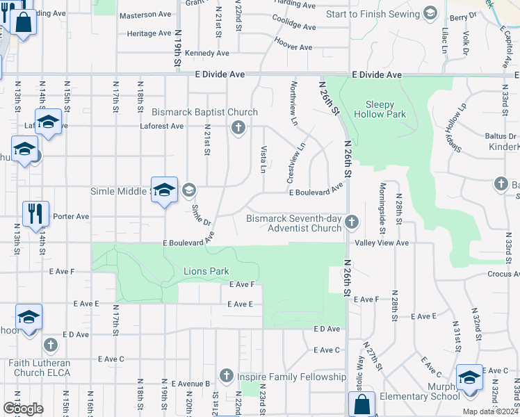 map of restaurants, bars, coffee shops, grocery stores, and more near 2326 Hillview Avenue in Bismarck