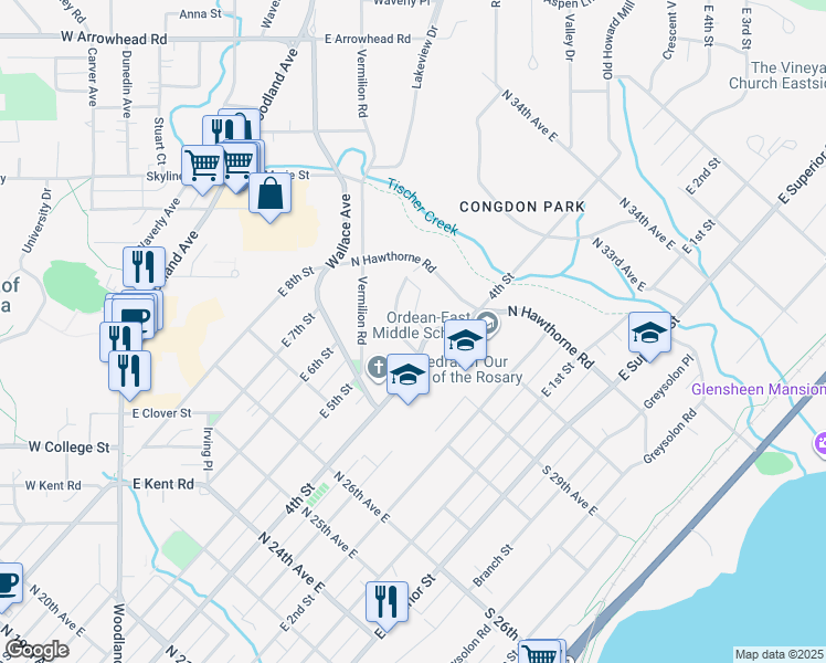 map of restaurants, bars, coffee shops, grocery stores, and more near 412 Lakeview Avenue in Duluth