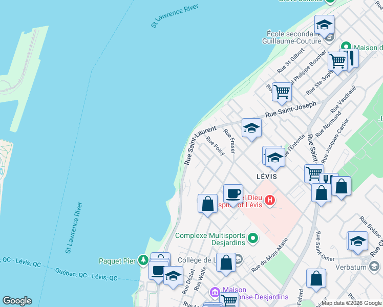 map of restaurants, bars, coffee shops, grocery stores, and more near 6440 Rue Saint-Laurent in Lévis