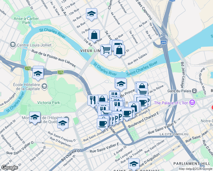 map of restaurants, bars, coffee shops, grocery stores, and more near 425 Rue des Embarcations in Québec