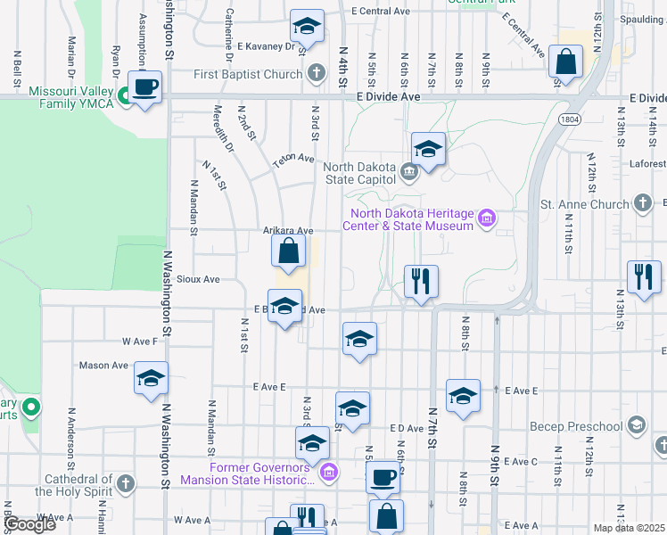 map of restaurants, bars, coffee shops, grocery stores, and more near 1136 North 4th Street in Bismarck
