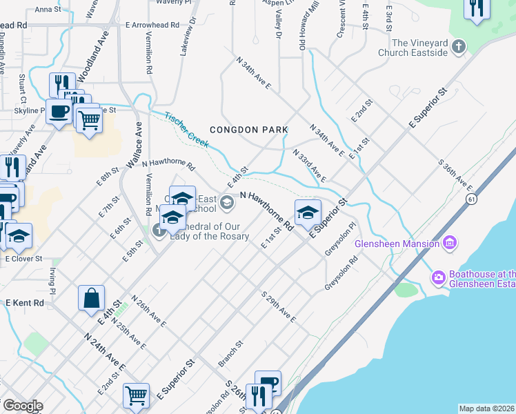 map of restaurants, bars, coffee shops, grocery stores, and more near 3025 East 2nd Street in Duluth