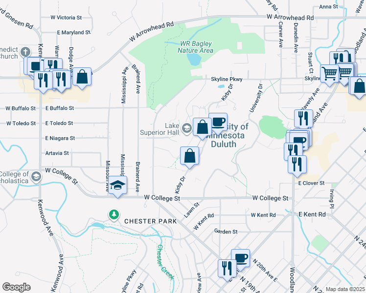 map of restaurants, bars, coffee shops, grocery stores, and more near Niagara Ct in Duluth