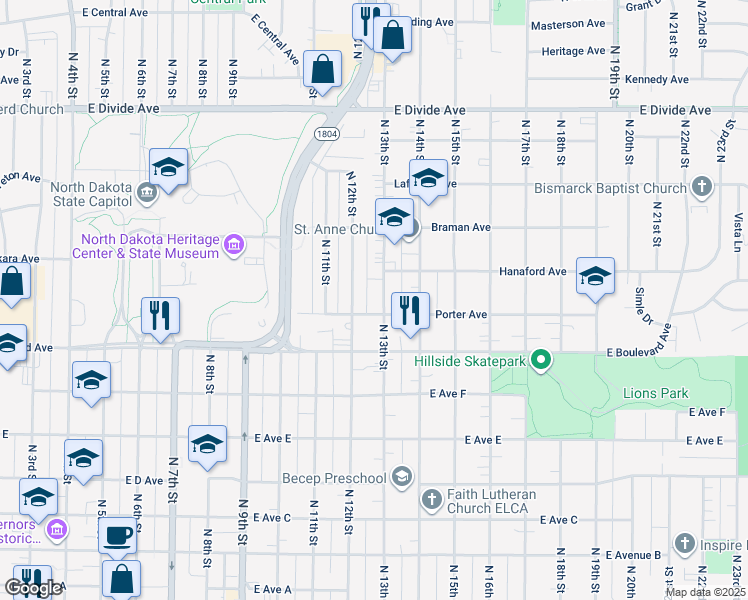 map of restaurants, bars, coffee shops, grocery stores, and more near 1210 North 13th Street in Bismarck