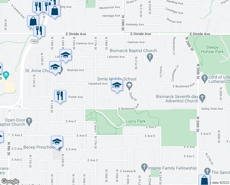 map of restaurants, bars, coffee shops, grocery stores, and more near 1210 North 19th Street in Bismarck