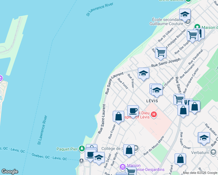 map of restaurants, bars, coffee shops, grocery stores, and more near 6440 Rue Saint-Laurent in Lévis