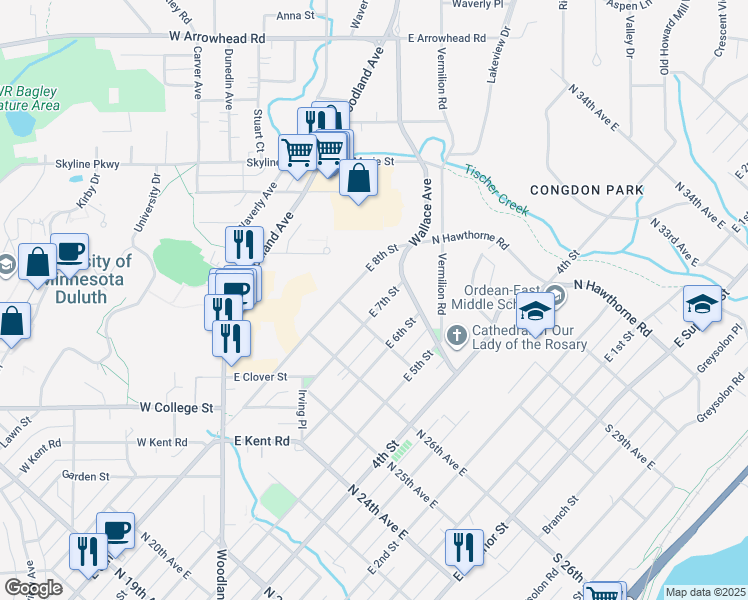 map of restaurants, bars, coffee shops, grocery stores, and more near 2717 East 7th Street in Duluth