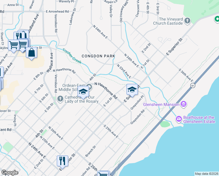 map of restaurants, bars, coffee shops, grocery stores, and more near 124 North Hawthorne Road in Duluth