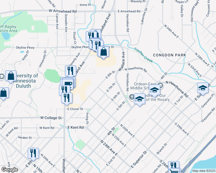 map of restaurants, bars, coffee shops, grocery stores, and more near 2717 East 7th Street in Duluth