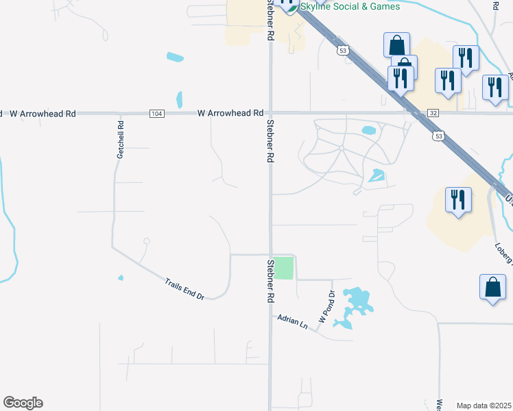 map of restaurants, bars, coffee shops, grocery stores, and more near 4247 Stebner Road in Hermantown