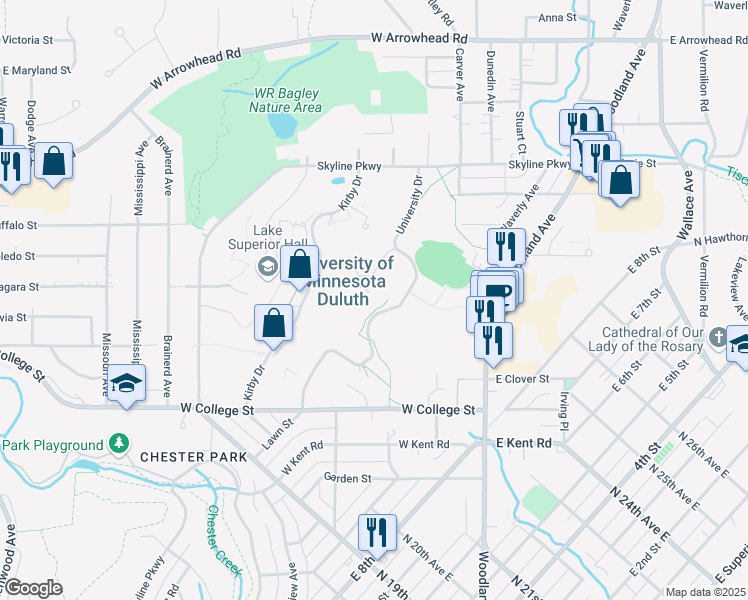 map of restaurants, bars, coffee shops, grocery stores, and more near 1151 University Drive in Duluth