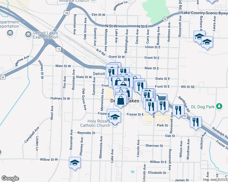 map of restaurants, bars, coffee shops, grocery stores, and more near 835 Lake Avenue in Detroit Lakes