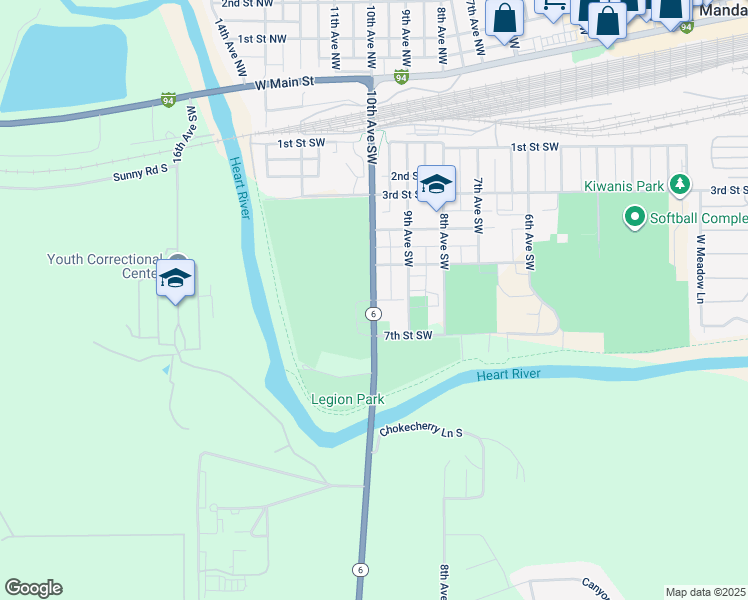 map of restaurants, bars, coffee shops, grocery stores, and more near 1101 6th Street Southwest in Mandan